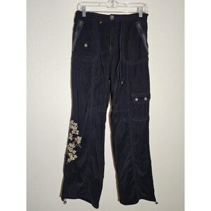 Vintage Y2K Faded Glory Black Corduroy Embroidered Cargo‎ Pants Goth Grunge